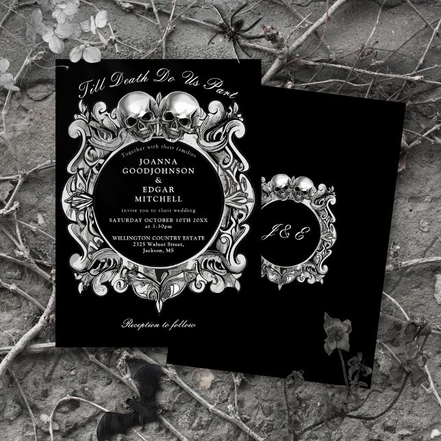 Convites Casamento de Monograma de Caveiras Góticas 'Até qu (Till Death Gothic Skulls Monogram Wedding Invitation)