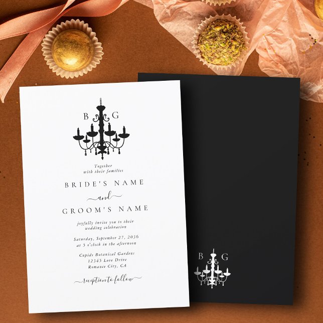 Convites Casamento de Monograma de Chandelier Branco Preto  (Elegant Black White Chandelier Monogram Wedding Invitation)