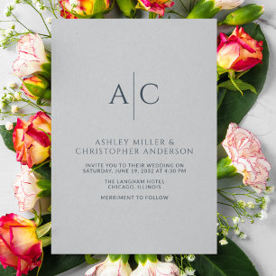 Convites Casamento de Monograma de Cinza Azul e Aço com Mar