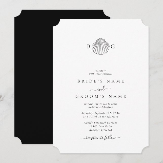 Convites Casamento de Monograma de Clam Seashell Minimalist (Frente/Verso)