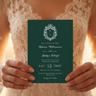 Convites Casamento de Monograma de Crista de Verde Esmerald