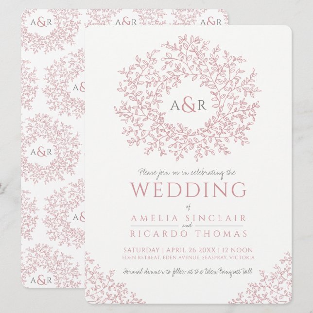 Convites Casamento de monograma de folha desenhado com uma  (Frente/Verso)