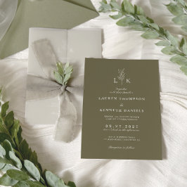 Convites Casamento de Monograma de Folha Verde Oliva Clássi
