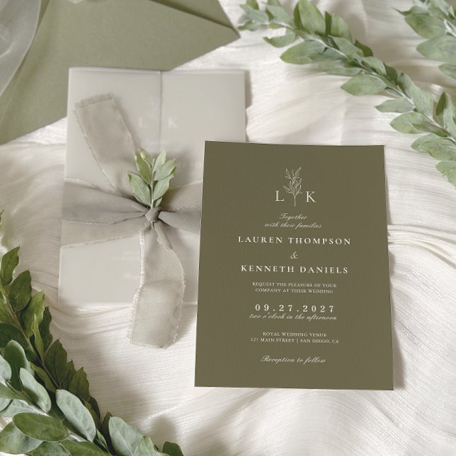 Convites Casamento de Monograma de Folha Verde Oliva Clássi (Criador carregado)