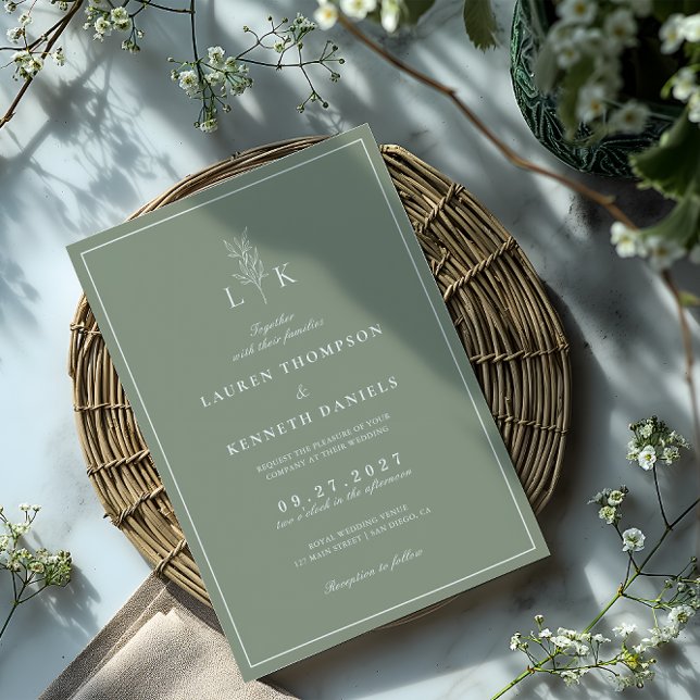 Convites Casamento de Monograma de Folha Verde Sage Clássic (Criador carregado)