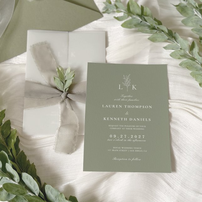 Convites Casamento de Monograma de Folha Verde Salvia Cláss (Criador carregado)