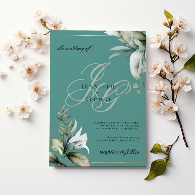 Convites Casamento de monograma de folhagem de ouro verde-M (Mauve green gold foliage monogram initials wedding)