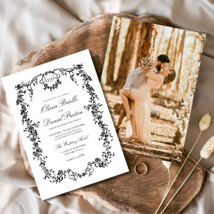 Convites Casamento de Monograma de Foto Negra Vitoriana em