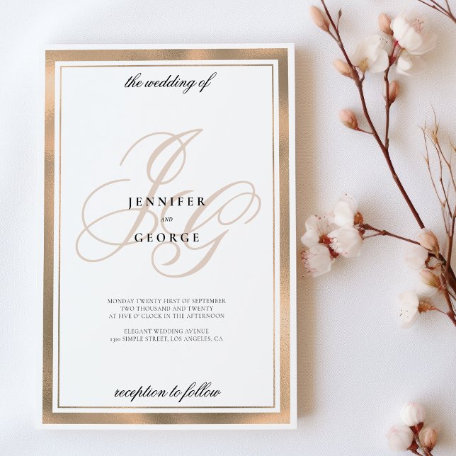 Convites Casamento de monograma de rosa branca Elegante (Elegant white rose gold monogram initials wedding)