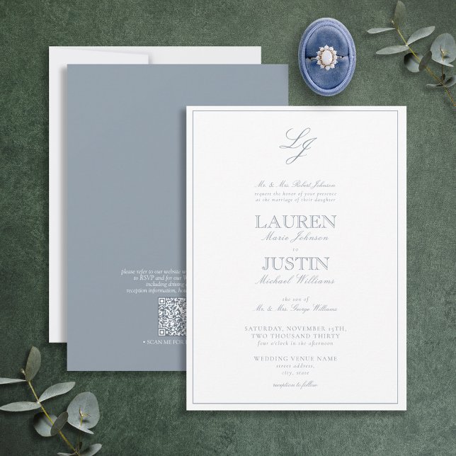 Convites Casamento de Monograma de Script Azul com Dusty Cl (Criador carregado)