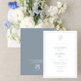 Convites Casamento de Monograma de Script Azul com Dusty Cl