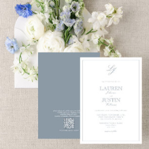 Convites Casamento de Monograma de Script Azul com Dusty Cl