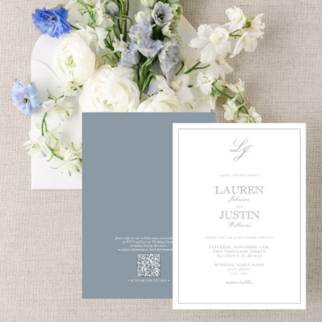 Convites Casamento de Monograma de Script Azul com Dusty Cl (Criador carregado)