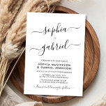 Convites Casamento de Monograma de Script de Caligrafia Mod<br><div class="desc">Cartão de Convite para Casamento do Monograma do Script de Caligrafia Moderna Minimalista. Apresentando um nome monográfico enorme em um script de fontes de letras maiúsculas elegante, em preto e branco. Personalize o convite com um texto personalizado simples e elegante, incluindo os nomes dos casais e todos os detalhes essenciais...</div>