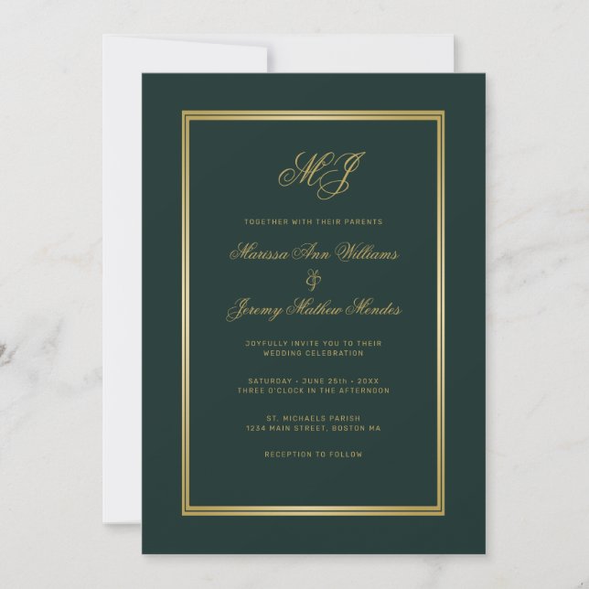 Convites Casamento de Monograma de Script Dourado Verde Ele (Frente)