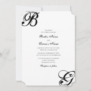Convites Casamento de Monograma de Script Preto e Branco