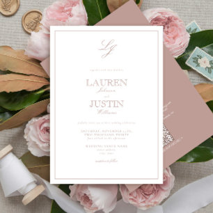 Convites Casamento de Monograma de Script Rosa com Dusty Cl