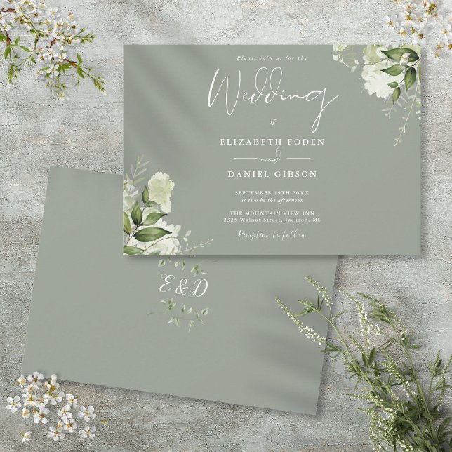 Convites Casamento de Monograma de Verde Botânico de Sage (Sage Green Botanical Greenery Monogram Wedding Invitation)