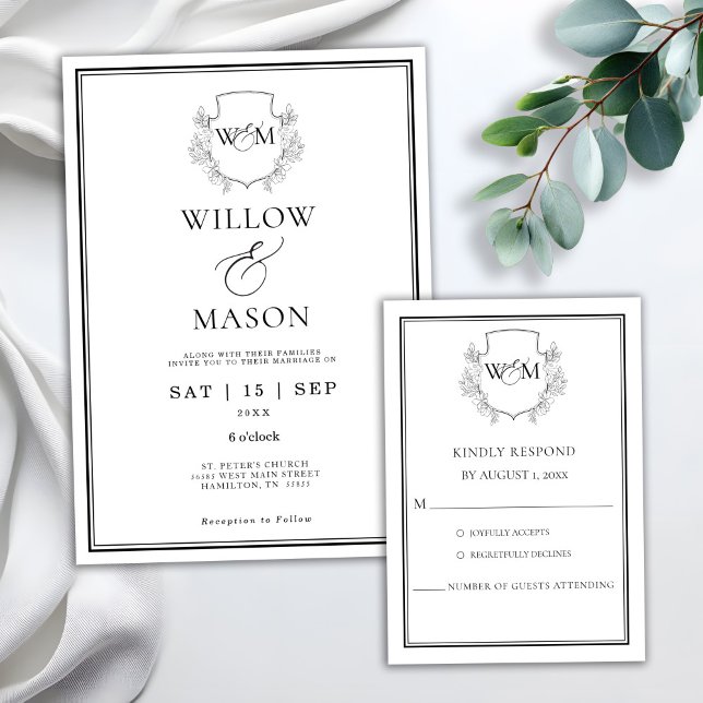 Convites Casamento de Monograma de Vintage Elegante (Elegant Vintage Monogram Wedding Invitation show with RSVP card)
