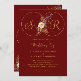 Convites Casamento de Monograma do Script Dourado Burgundy