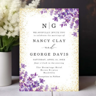 Convites Casamento de Monograma Dourado com Lavanda de Aqua
