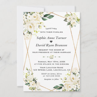 Convites Casamento de Monograma Dourado Flores Brancas Char