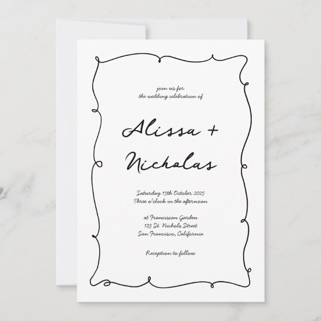 Convites Casamento de Monograma e Borda Desenhada de Mão On (Frente)