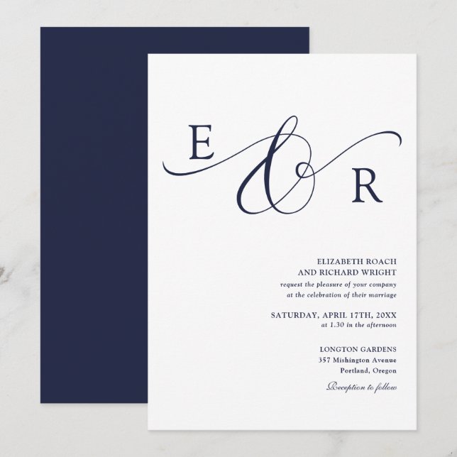 Convites Casamento de Monograma Elegante em Azul Marinho Sc (Frente/Verso)
