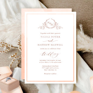 Convites Casamento de Monograma Elegante Peach Watercolor