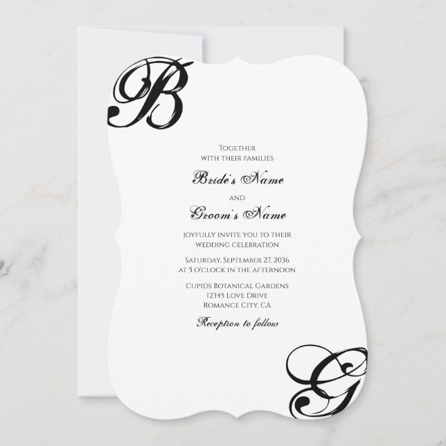 Convites Casamento de Monograma em Script Preto e Branco (Frente)