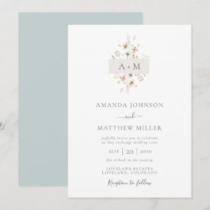 Convites Casamento de Monograma Floral com Aquarela Azul Mi