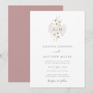 Convites Casamento de Monograma Floral com Aquarela Mauve M