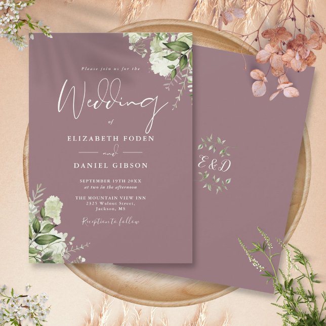 Convites Casamento de Monograma Floral com Folhagem Roxa (Mauve Greenery Floral Monogram Wedding Invitation)