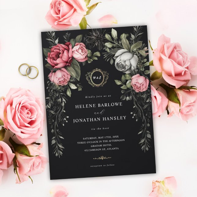 Convites Casamento de Monograma Floral Dark Moody (Floral Dark Moody Monogram Wedding Invitation)