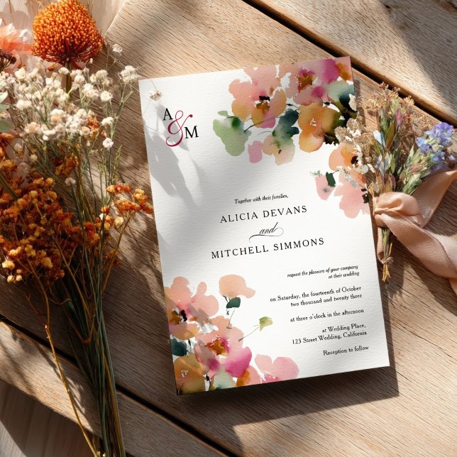 Convites Casamento de Monograma Floral de Abstrato de outon (Elegant Abstract Autumn Floral Monogram Wedding Invitation)