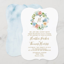 Convites Casamento de Monograma Floral de Cor Azul Elegante