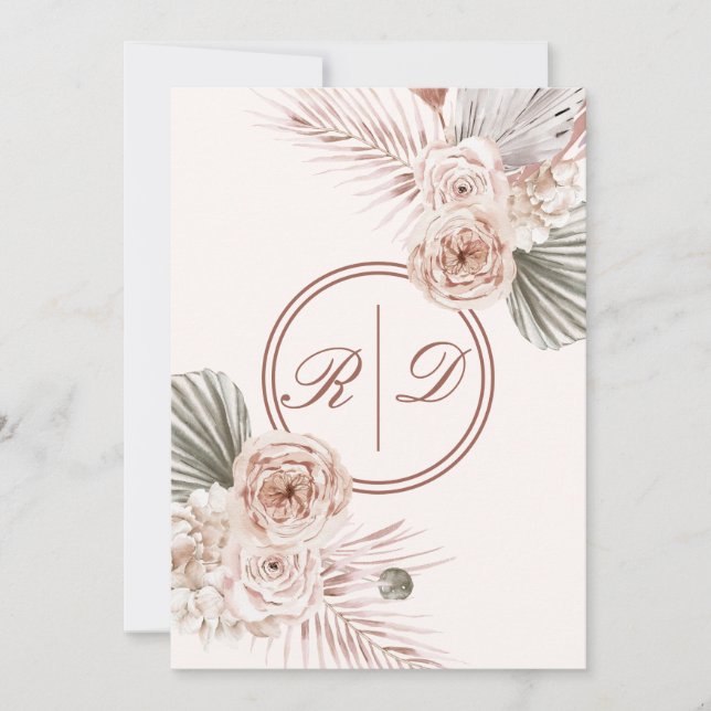 Convites Casamento de Monograma Floral de Cor de Água Rosa  (Frente)