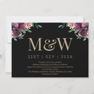 Convites Casamento de Monograma Floral Dourado Moderno Burg