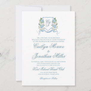 Convites Casamento de Monograma Floral em Aquarela Azul Des