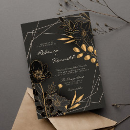 Convites Casamento de Monograma Floral Minimalista Dourado