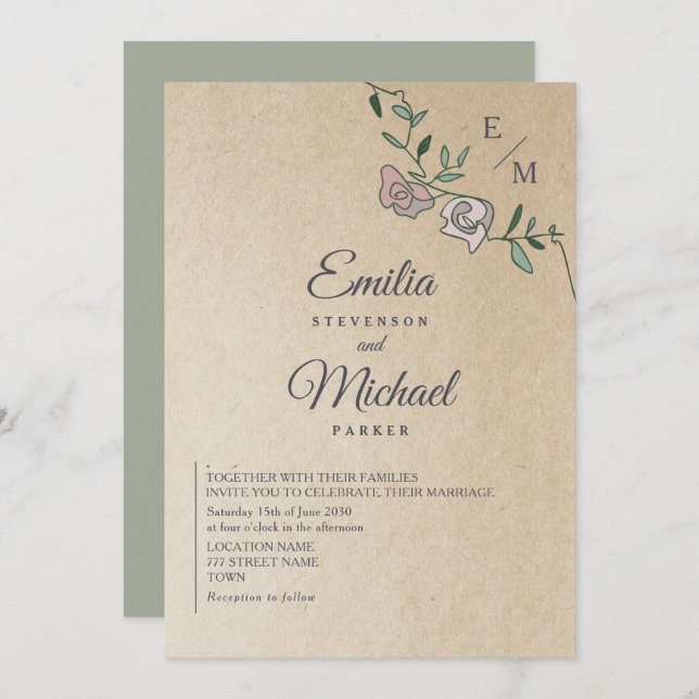 Convites Casamento de Monograma Floral Rustic Kraft (Frente/Verso)