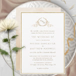 Convites Casamento de Monograma Formal Dourado e Beige Wate<br><div class="desc">Aprecie amigos e família com este elegante convite de casamento mostrando um belo monograma botânico de folha desenhada com noiva e iniciais de noivo. Monograma e texto em ouros. O convite à frente foi aparado com fina estrutura fina de folha de ouro, enquanto o convite apresenta as costas com uma...</div>