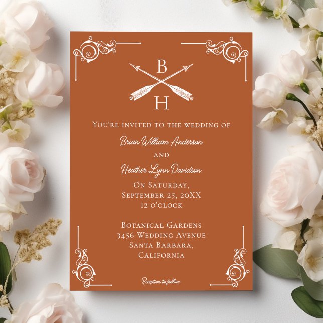 Convites Casamento de Monograma Laranja Queimado e Setas (Burnt Orange Monogram and Arrows Wedding Invitation)