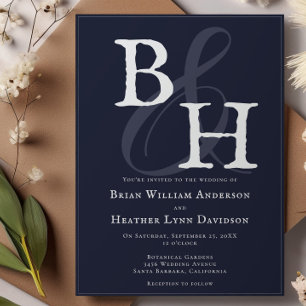 Convites Casamento de Monograma Minimalista Azul-marinho