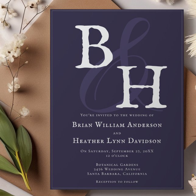 Convites Casamento de Monograma Minimalista de Plum Purple (Plum Purple Minimalist Monogram Wedding Invitation)