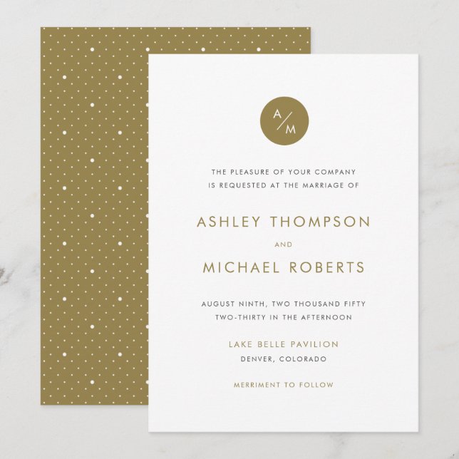 Convites Casamento de Monograma Moderno Minimalista Dourado (Frente/Verso)