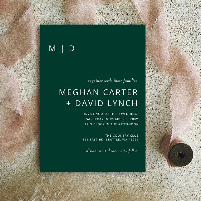 Convites Casamento de Monograma Moderno Na moda Verde Emera (Criador carregado)