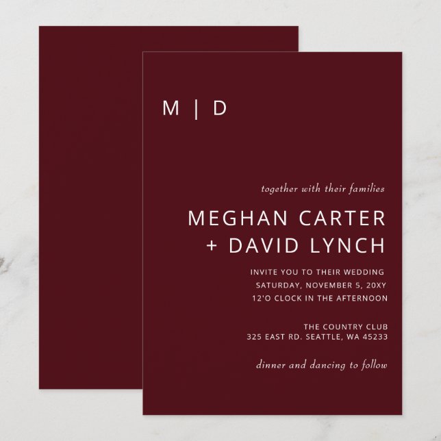Convites Casamento de Monograma Moderno Rustic Burgundy (Frente/Verso)