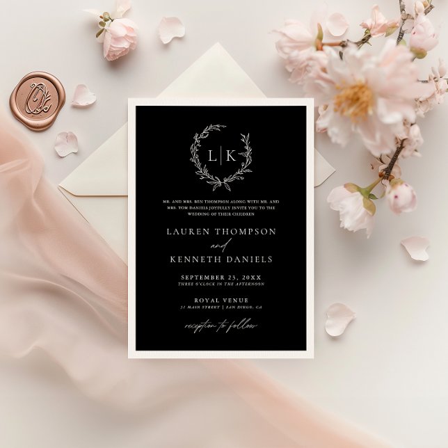 Convites Casamento de Monograma Preto e Branco Tradicional  (Criador carregado)