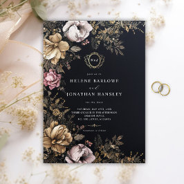 Convites Casamento de Monograma Preto-Gótico Floral